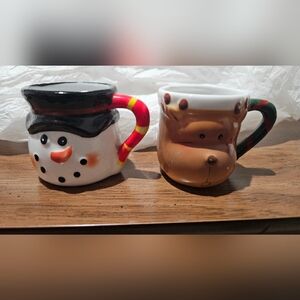 Vintage Snowman and Reindeer Face Mini Christmas Mug Set